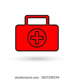 First aid kit red icon in flat style. Health, help and medical diagnostics vector illustration on white isolated background. Red Doctor bag concept.