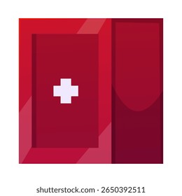 Estojo de primeiros socorros. Ícone plano vermelho do tórax. Caixa médica com cruz. Ilustração em desenho animado vetorial isolada. Armário de equipamentos médicos para cuidados de saúde, mala de ajuda de emergência