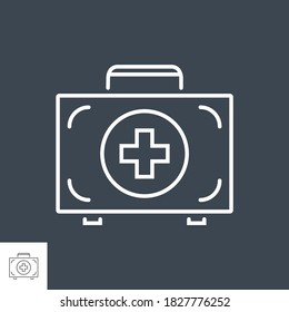 First aid kit related vector thin line icon. Medical Suitcase with a medical cross sign. Isolated on black background. Editable stroke. Vector illustration.