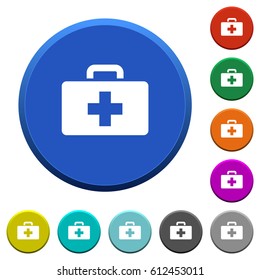 First aid kit round color beveled buttons with smooth surfaces and flat white icons