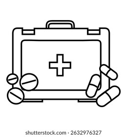 First Aid Kit with Scattered Pills Icon symbolizing healthcare and medication.