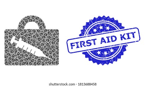 First Aid Kit scratched stamp and vector recursion mosaic vaccine case. Blue stamp includes First Aid Kit title inside rosette. Vector mosaic is composed of recursive rotated vaccine case icons.