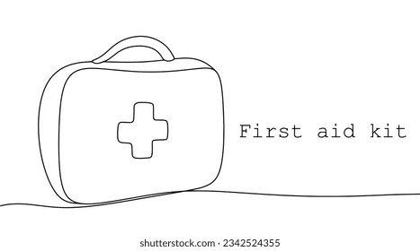 First Aid Kit. A set of certain medicines and medical devices. World First Aid Day. One line drawing for different uses. Vector illustration.