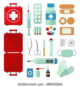 First aid kit. Set with medical equipment. Flat style icons.