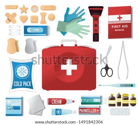 First aid kit set with medical help items. Elastic bandage, rubber gloves, suitcase, cold pack, aspirine, painkiller, plasters, pills. Objects top view. Vector Illustration