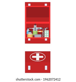 First aid kit. A set of medicines, vector illustration