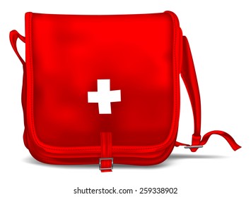 First Aid Kit Shoulder Bag with White Cross. Medical Equipment. Red Doctors Bag