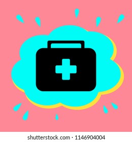First aid kit sign. Black icon in a bubble on a pink background. Vector