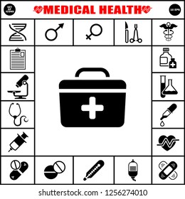 First Aid Kit sign. Suitcase with medicines Set of medical icons.