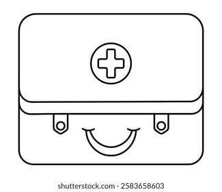 First aid kit. Sketch. Box with first aid items, decorated with a cross. Vector illustration. Doodle style. Outline on an isolated white background. Coloring book for kids. Medical theme. 