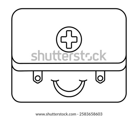 First aid kit. Sketch. Box with first aid items, decorated with a cross. Vector illustration. Doodle style. Outline on an isolated white background. Coloring book for kids. Medical theme. 