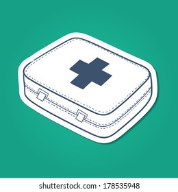 First aid kit. Sketch sticker vector element for medical or health care design
