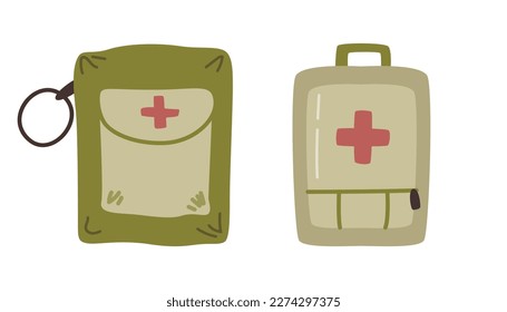 Kit de primeros auxilios para soldados y combatientes. Envase aislado con asistencia de emergencia y medicinas, antibióticos y píldoras. Dibujo plano, ilustración vectorial
