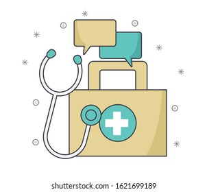 first aid kit with speech bubbles and stethoscope over white background, vector illustration