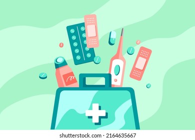 First aid kit, splash of medical design elements on colored background. Flat cartoon vector illustration.