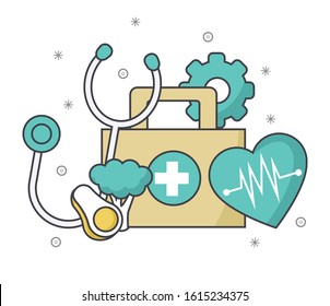 first aid kit with stethoscope and cardio heart over white background, vector illustration