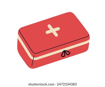 First aid kit suitcase, emergency box. Medical case with cross. Travel briefcase, red container with health drugs, CPR equipment, pharmacy. Flat vector illustration isolated on white background