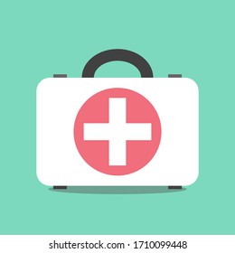 First aid kit suitcase on mint green background. Emergency, doctor, assistance, healthcare, accident and cure concept. Flat design. EPS 8 vector illustration, no transparency, no gradients