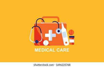 First aid kit supply emergency medical products realistic, healthy care logo