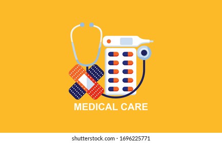 First aid kit supply emergency medical products realistic, healthy care logo