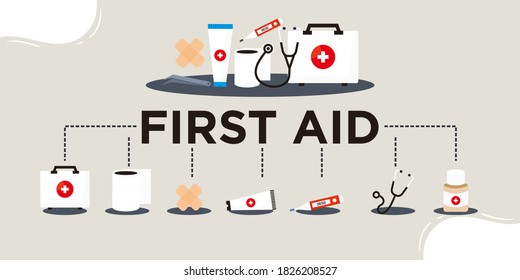 First aid kit supply emergency medical products realistic, healthy care logo