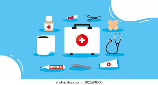 First aid kit supply emergency medical products realistic, healthy care logo