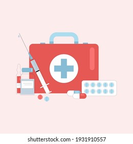 First aid kit supply emergency medical products. Healthy care illustration