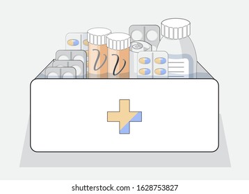 first aid kit with tablets, capsules, antiviral, bandage, antipyretic. Medicine box