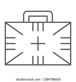 First aid kit thin line icon, box and emergency, medical case sign, vector graphics, a linear pattern on a white background, eps 10.