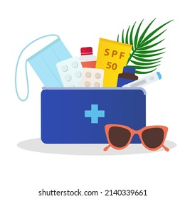 First aid kit for traveling with face mask, sunscreen bottle and pills. Concept of first aid box for summer tourism. Vector illustration