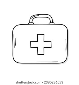 First aid kit vector icon in doodle style. Symbol in simple design. Cartoon object hand drawn isolated on white background.