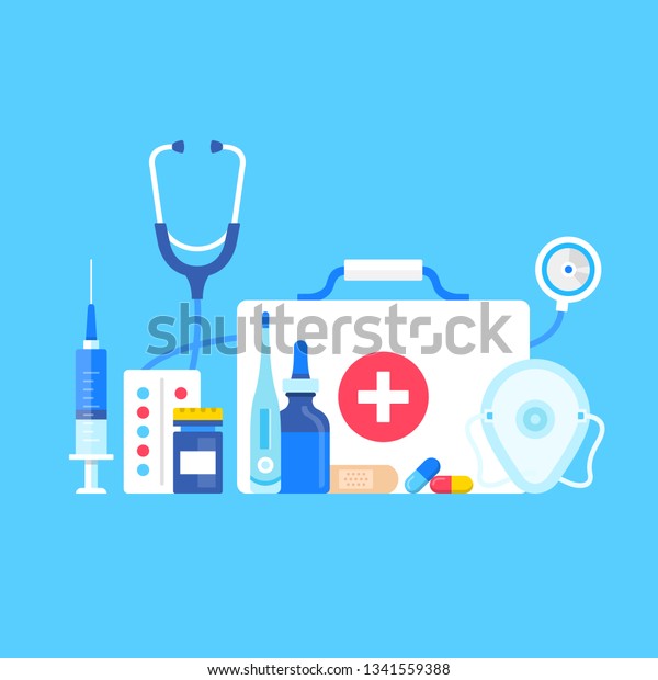 First aid kit. Vector illustration. Medical\
supplies, medical equipment concepts. Flat design. First aid kit\
with medical cross, stethoscope, syringe, pocket mask, pills,\
thermometer, adhesive\
bandage