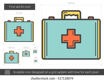First aid kit vector line icon isolated on white background. First aid kit line icon for infographic, website or app. Scalable icon designed on a grid system.