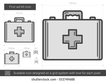 First aid kit vector line icon isolated on white background. First aid kit line icon for infographic, website or app. Scalable icon designed on a grid system.