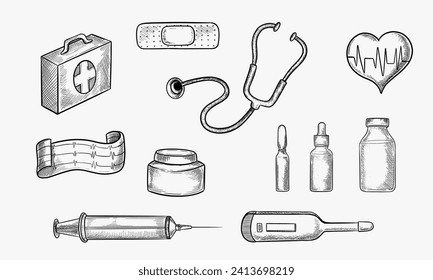 First aid kit vector sketch illustration. Medicine and healthcare hand drawn icons and design elements.