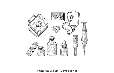 First aid kit vector sketch illustration. Medicine and healthcare hand drawn icons and design elements.