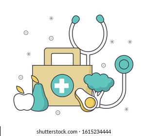 first aid kit with vegetables and fruits and stethoscope over white background, vector illustration