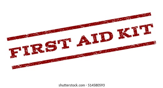 First Aid Kit watermark stamp. Text caption between parallel lines with grunge design style. Rubber seal stamp with unclean texture. Vector dark red color ink imprint on a white background.
