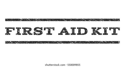 First Aid Kit watermark stamp. Text caption between horizontal parallel lines with grunge design style. Rubber seal gray stamp with dust texture. Vector ink imprint on a white background.