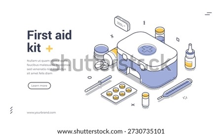 First aid kit web banner. Isometric template for a landing page on medical care. Vector illustration with medicine, pills and thermometer for a pharmacy or clinic website
