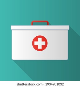 First aid kit. White box isolated on blue-green background. Vector illustration.