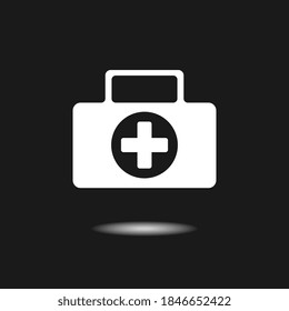 First aid kit white icon in flat style. Health, help and medical diagnostics vector illustration on black background. Black Doctor bag concept.