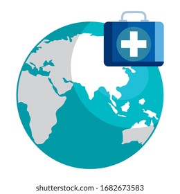 first aid kit with world planet isolated icon vector illustration design
