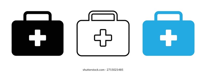 Estojos de primeiros socorros em preto, branco e azul para emergências médicas, ícone do kit de primeiros socorros. Ícone simples de kit de primeiros socorros para mídias sociais, aplicativos e web design. Ícone de caixa de primeiros socorros da ilustração vetorial