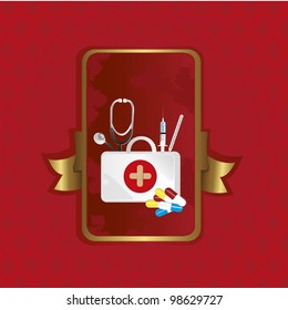 first aid label over red background with red cross patterns