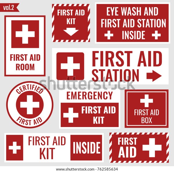 First aid\
label and sign set, vector\
illustration