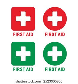 First Aid Label Sign Sticker Collection - Red and Green Circular and Round Square Design, Isolated on White - Editable Vector EPS for Logo, Badge, Info Sign, Sticker, and More