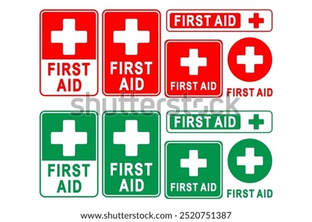 First Aid Label Stickers in Various Shapes and Sizes.Flat Icon Design for Emergency, Medical and Health Care Use.Editable or Scalable Vector Illustration EPS File Isolated on White