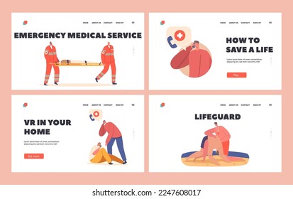 First Aid Landing Page Template Set. Rescuers Help to Victims on Beach, Medics Carry Person on Stretchers, Male Character Calling to Emergency cause Woman Feel Bad. Cartoon People Vector Illustration