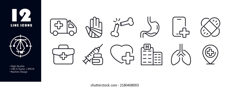 First aid line icon. Ambulance, wound dressing, bandage, broken bones, stomach, doctor, phone, injection, prescription, heart, hospital, lungs. Healthcare concept. Vector line icon for Business.